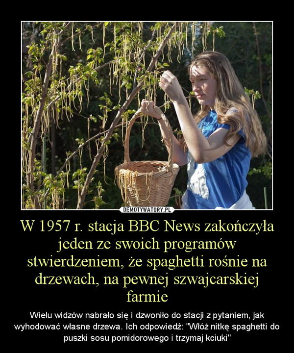 W 1957 r. stacja BBC News zakończyła jeden ze swoich programów stwierdzeniem, że spaghetti rośnie na drzewach, na pewnej szwajcarskiej farmie – Wielu widzów nabrało się i dzwoniło do stacji z pytaniem, jak wyhodować własne drzewa. Ich odpowiedź: "Włóż nitkę spaghetti do puszki sosu pomidorowego i trzymaj kciuki" 
