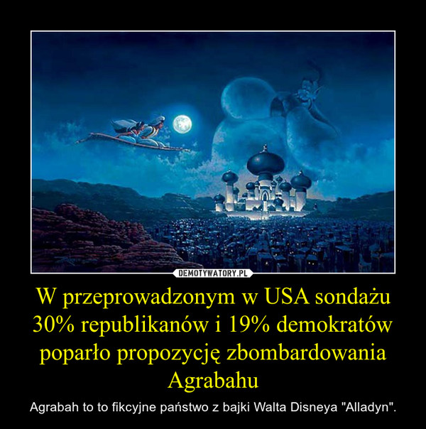 W przeprowadzonym w USA sondażu 30% republikanów i 19% demokratów poparło propozycję zbombardowania Agrabahu – Agrabah to to fikcyjne państwo z bajki Walta Disneya "Alladyn". 