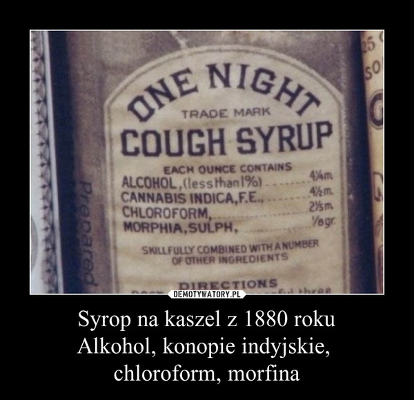Syrop na kaszel z 1880 rokuAlkohol, konopie indyjskie, chloroform, morfina –  