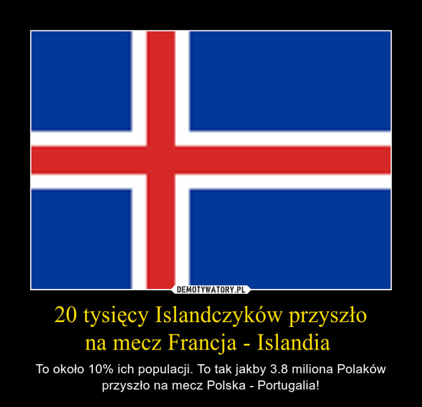 20 tysięcy Islandczyków przyszło na mecz Francja - Islandia   – To około 10% ich populacji. To tak jakby 3.8 miliona Polaków przyszło na mecz Polska - Portugalia! 