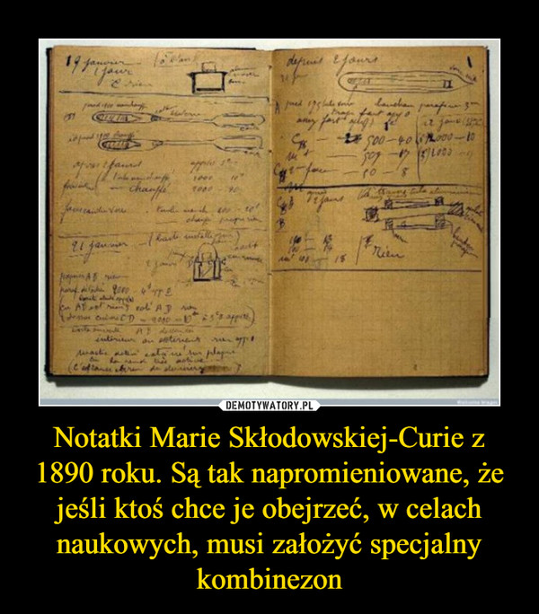 Notatki Marie Skłodowskiej-Curie z 1890 roku. Są tak napromieniowane, że jeśli ktoś chce je obejrzeć, w celach naukowych, musi założyć specjalny kombinezon –  