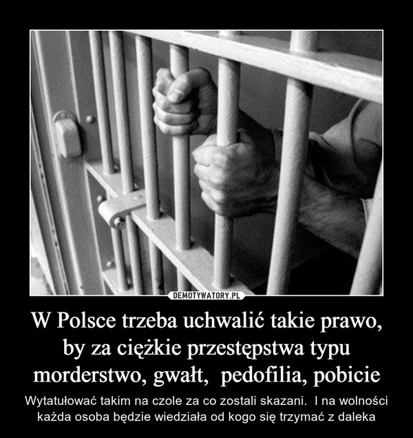 W Polsce trzeba uchwalić takie prawo, by za ciężkie przestępstwa typu morderstwo, gwałt,  pedofilia, pobicie – Wytatułować takim na czole za co zostali skazani.  I na wolności każda osoba będzie wiedziała od kogo się trzymać z daleka 