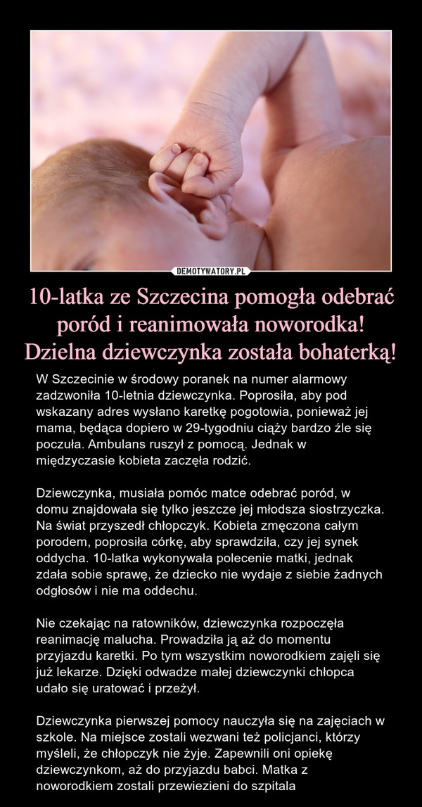 10-latka ze Szczecina pomogła odebrać poród i reanimowała noworodka! Dzielna dziewczynka została bohaterką!