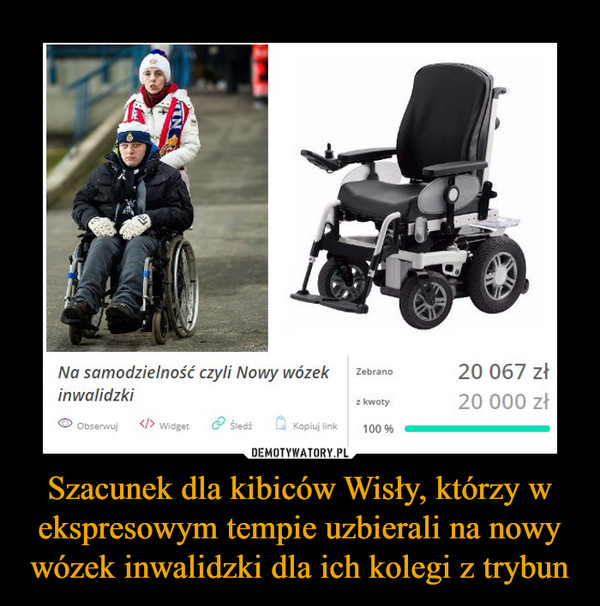 Szacunek dla kibiców Wisły, którzy w ekspresowym tempie uzbierali na nowy wózek inwalidzki dla ich kolegi z trybun –  