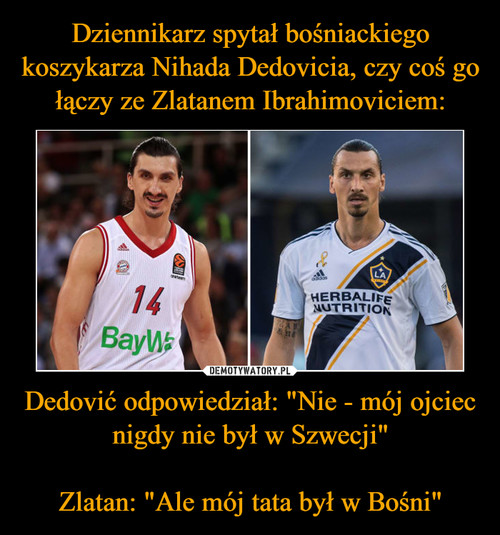 Dziennikarz spytał bośniackiego koszykarza Nihada Dedovicia, czy coś go łączy ze Zlatanem Ibrahimoviciem: Dedović odpowiedział: "Nie - mój ojciec nigdy nie był w Szwecji"

Zlatan: "Ale mój tata był w Bośni"