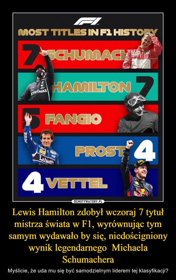 Lewis Hamilton zdobył wczoraj 7 tytuł mistrza świata w F1, wyrównując tym samym wydawało by się, niedościgniony wynik legendarnego  Michaela Schumachera – Myślicie, że uda mu się być samodzielnym liderem tej klasyfikacji? 