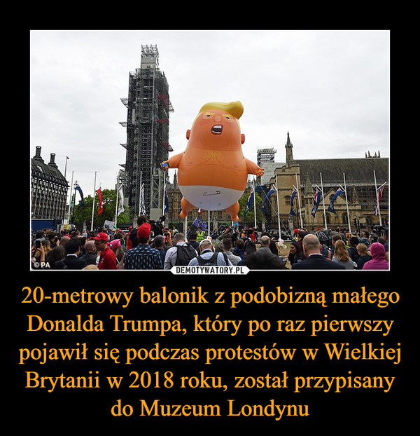 20-metrowy balonik z podobizną małego Donalda Trumpa, który po raz pierwszy pojawił się podczas protestów w Wielkiej Brytanii w 2018 roku, został przypisany do Muzeum Londynu –  