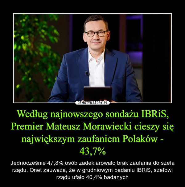 Według najnowszego sondażu IBRiS, Premier Mateusz Morawiecki cieszy się największym zaufaniem Polaków - 43,7%