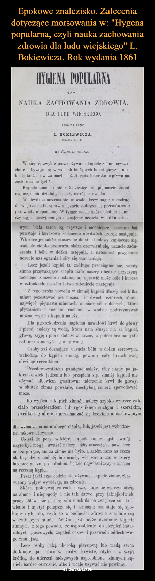 Epokowe znalezisko. Zalecenia dotyczące morsowania w: "Hygena popularna, czyli nauka zachowania zdrowia dla ludu wiejskiego" L. Bokiewicza. Rok wydania 1861