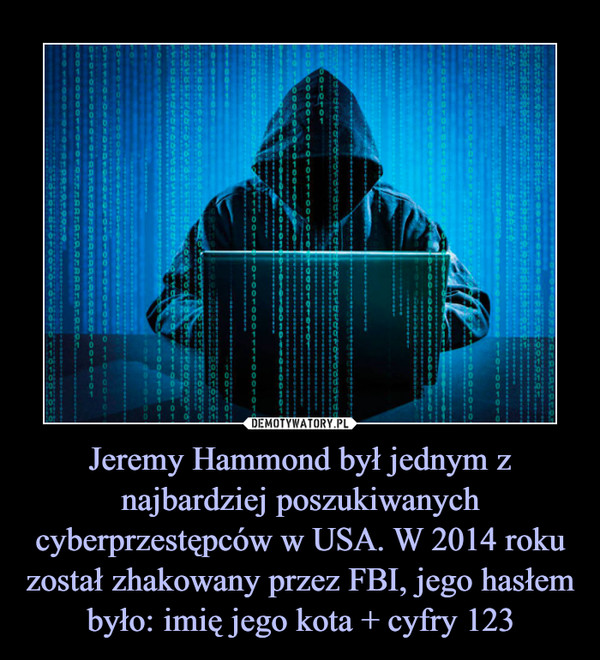 Jeremy Hammond był jednym z najbardziej poszukiwanych cyberprzestępców w USA. W 2014 roku został zhakowany przez FBI, jego hasłem było: imię jego kota + cyfry 123 –  