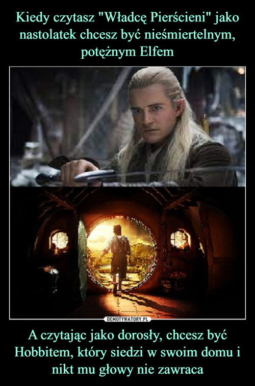Kiedy czytasz "Władcę Pierścieni" jako nastolatek chcesz być nieśmiertelnym, potężnym Elfem A czytając jako dorosły, chcesz być Hobbitem, który siedzi w swoim domu i nikt mu głowy nie zawraca