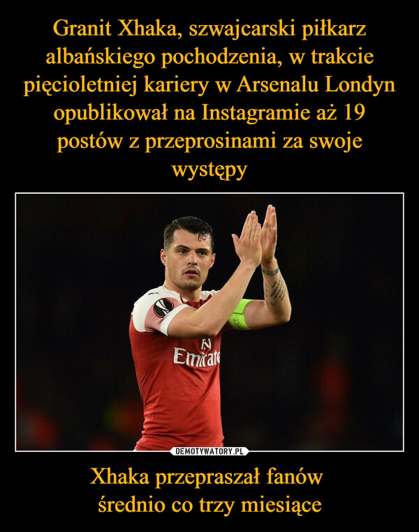Granit Xhaka, szwajcarski piłkarz albańskiego pochodzenia, w trakcie pięcioletniej kariery w Arsenalu Londyn opublikował na Instagramie aż 19 postów z przeprosinami za swoje występy Xhaka przepraszał fanów 
średnio co trzy miesiące