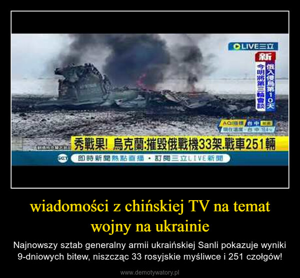 wiadomości z chińskiej TV na temat wojny na ukrainie – Najnowszy sztab generalny armii ukraińskiej Sanli pokazuje wyniki 9-dniowych bitew, niszcząc 33 rosyjskie myśliwce i 251 czołgów! 