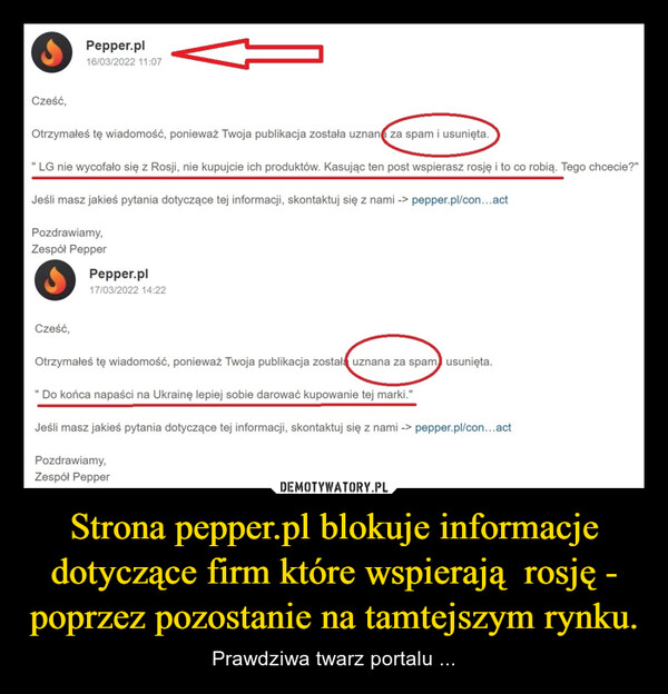 Strona pepper.pl blokuje informacje dotyczące firm które wspierają  rosję - poprzez pozostanie na tamtejszym rynku. – Prawdziwa twarz portalu ... 