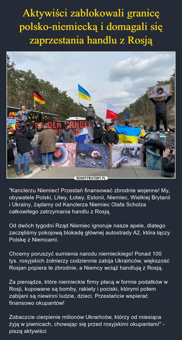 Aktywiści zablokowali granicę polsko-niemiecką i domagali się zaprzestania handlu z Rosją