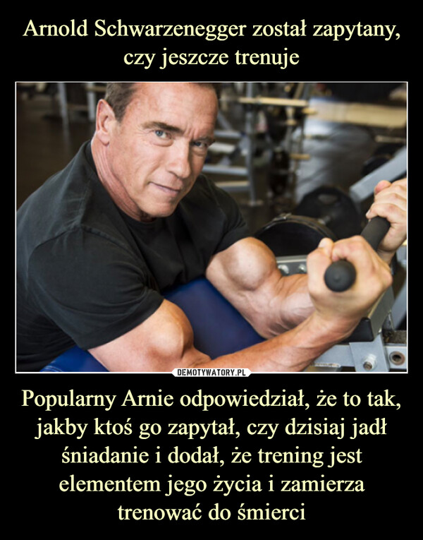 Popularny Arnie odpowiedział, że to tak, jakby ktoś go zapytał, czy dzisiaj jadł śniadanie i dodał, że trening jest elementem jego życia i zamierza trenować do śmierci –  