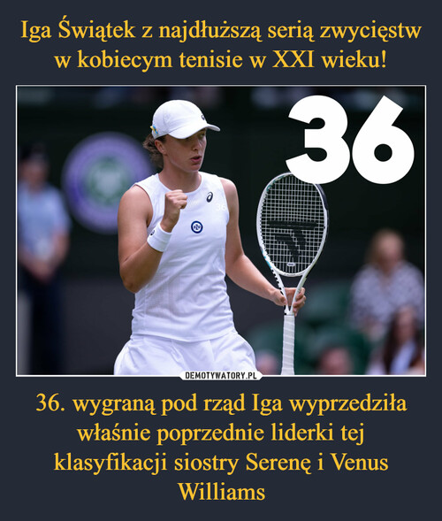 Iga Świątek z najdłuższą serią zwycięstw w kobiecym tenisie w XXI wieku! 36. wygraną pod rząd Iga wyprzedziła właśnie poprzednie liderki tej klasyfikacji siostry Serenę i Venus Williams