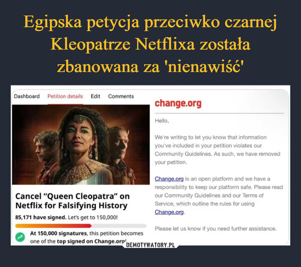 Egipska petycja przeciwko czarnej Kleopatrze Netflixa została zbanowana za 'nienawiść'