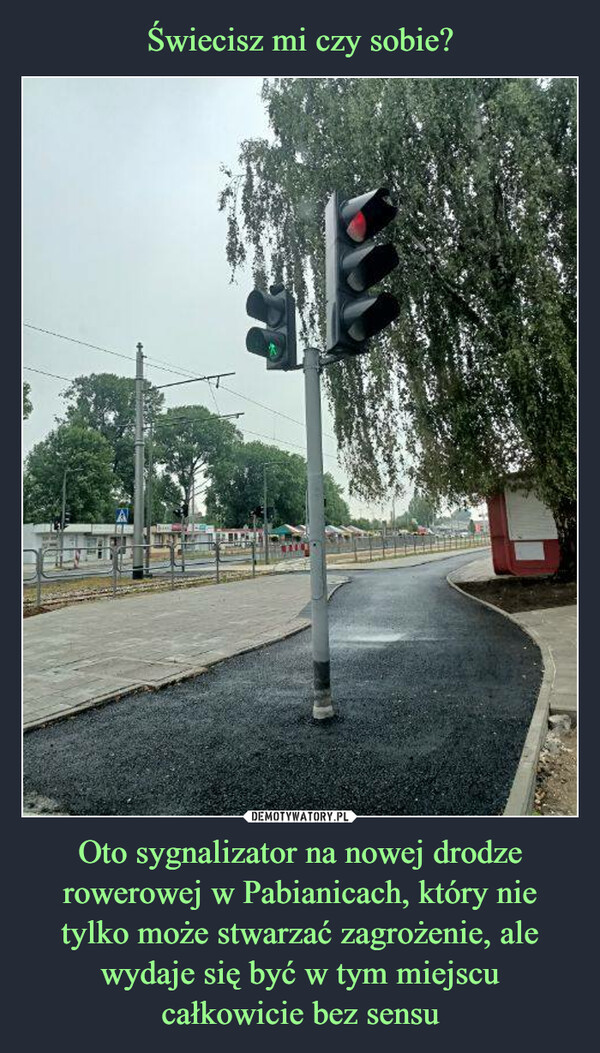 Oto sygnalizator na nowej drodze rowerowej w Pabianicach, który nie tylko może stwarzać zagrożenie, ale wydaje się być w tym miejscu całkowicie bez sensu –  