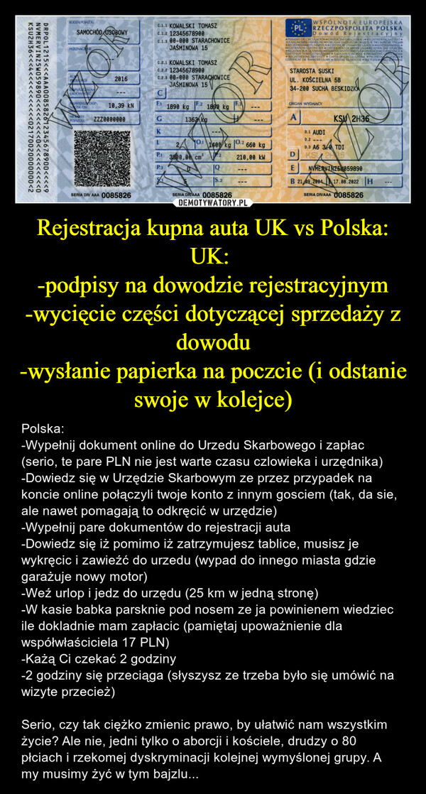 Rejestracja kupna auta UK vs Polska:UK: -podpisy na dowodzie rejestracyjnym-wycięcie części dotyczącej sprzedaży z dowodu-wysłanie papierka na poczcie (i odstanie swoje w kolejce) – Polska: -Wypełnij dokument online do Urzedu Skarbowego i zapłac (serio, te pare PLN nie jest warte czasu czlowieka i urzędnika)-Dowiedz się w Urzędzie Skarbowym ze przez przypadek na koncie online połączyli twoje konto z innym gosciem (tak, da sie, ale nawet pomagają to odkręcić w urzędzie)-Wypełnij pare dokumentów do rejestracji auta-Dowiedz się iż pomimo iż zatrzymujesz tablice, musisz je wykręcic i zawieźć do urzedu (wypad do innego miasta gdzie garażuje nowy motor)-Weź urlop i jedz do urzędu (25 km w jedną stronę)-W kasie babka parsknie pod nosem ze ja powinienem wiedziec ile dokladnie mam zapłacic (pamiętaj upoważnienie dla współwłaściciela 17 PLN)-Każą Ci czekać 2 godziny-2 godziny się przeciąga (słyszysz ze trzeba było się umówić na wizyte przecież)Serio, czy tak ciężko zmienic prawo, by ułatwić nam wszystkim życie? Ale nie, jedni tylko o aborcji i kościele, drudzy o 80 płciach i rzekomej dyskryminacji kolejnej wymyślonej grupy. A my musimy żyć w tym bajzlu... KSU2H36<<<4<<<<<<<<<<<02170020000000<2NVMERVINZ5W059890<<<<<<<<<0<<<<<<<<<<0DRPOL1215<<<AAA008582612345678900<<<<9RODZAJ POJAZDUSAMOCHÓD OSOBOWYPRZEZNACZENIEROQPRODUKCJIDOPUSZCZALNAŁADOWNOŚĆNAJWIĘKSZY DOP.NACISK OSINR KARTYPOJAZDU201610,39 KNZZZ0000000SERIA DR/ AAA 0085826C.1.1 KOWALSKI TOMASZC.1.2 12345678900C.1.3 00-000 STARACHOWICEJAŚMINOWA 15C.2.1 KOWALSKI TOMASZC.2.2 12345678900C.2.3 00-000 STARACHOWICEJAŚMINOWA 15CF.1GKP.1P.31890 kg2IF.210.1FREDERGLE TE1362 kg3000,00 cm³1890 kg1400/kg 0.2 660 kg210,00 kW1.2IS.2IF.3SERIA DRAAA 0085826WSPÓLNOTA EUROPEJSKARZECZPOSPOLITA POLSKAPLDowód Rejestracyjny*PERMISO DE CIRCULACIÓN *OSVĚDČENÍ O REGISTRACI* REGISTRERINGSATTEST *ZULASSUNGSBESCHEINIGUNG*FORGALMI ENGEDELY *СВИДЕТЕЛСТВО ЗА РЕГИСТРАЦИЯ*REGISTREERIMISTUNNISTUS CERTIFICAT D'IMMATRICULATION KENTEKENBEWIJS *REGISTRATION CERTIFICATE CERTIFICADO DE MATRÍCULA REĢISTRĀCIJAS APLIECĪBA*REGISTRACIJOS LIUDIJIMAS REKISTERÖINTITODISTUS OSVEDČENIE O EVIDENCII *CERTIFIKAT TA REGISTRAZZΙΟΝΙ * ΆΔΕΙΑ ΚΥΚΛΟΦΟΡΙΑΣ * PROMETNO DUOVOMENJE* REGISTRERINGSBEVISET * CARTA DI CIRCOLAZIONE PROMETNA DOZVOLA *CERTIFICAT DE INMATRICULARE* TEASTAS CLÁRAITHE MIZTONOIKO ENPACHESTAROSTA SUSKIUL. KOŚCIELNA 5B34-200 SUCHA BESKIDZKAORGAN WYDAJĄCYAKSM 2H36D.1 AUDID.2D.3 A6 3.0 TDIKSU 2H36DENVMERVINZ5 059890B 21 09.2004 17.08.2022 HSERIA DR/AAA 0085826