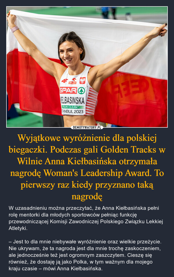 Wyjątkowe wyróżnienie dla polskiej biegaczki. Podczas gali Golden Tracks w Wilnie Anna Kiełbasińska otrzymała nagrodę Woman's Leadership Award. To pierwszy raz kiedy przyznano taką nagrodę