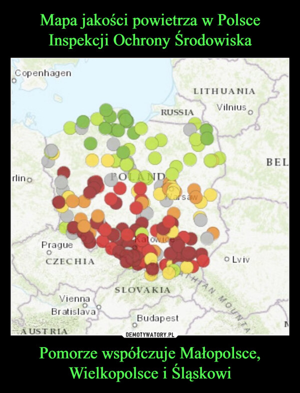 Mapa jakości powietrza w Polsce Inspekcji Ochrony Środowiska Pomorze współczuje Małopolsce, Wielkopolsce i Śląskowi