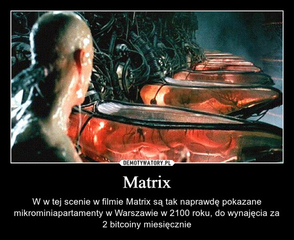 Matrix – W w tej scenie w filmie Matrix są tak naprawdę pokazane mikrominiapartamenty w Warszawie w 2100 roku, do wynajęcia za 2 bitcoiny miesięcznie 