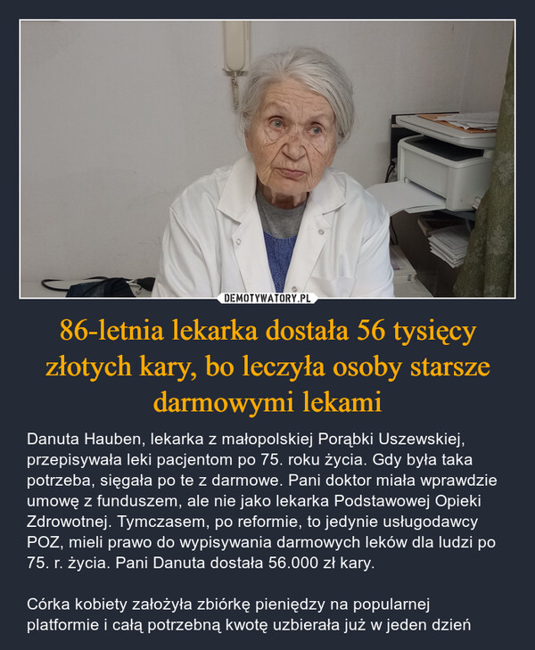 86-letnia lekarka dostała 56 tysięcy złotych kary, bo leczyła osoby starsze darmowymi lekami